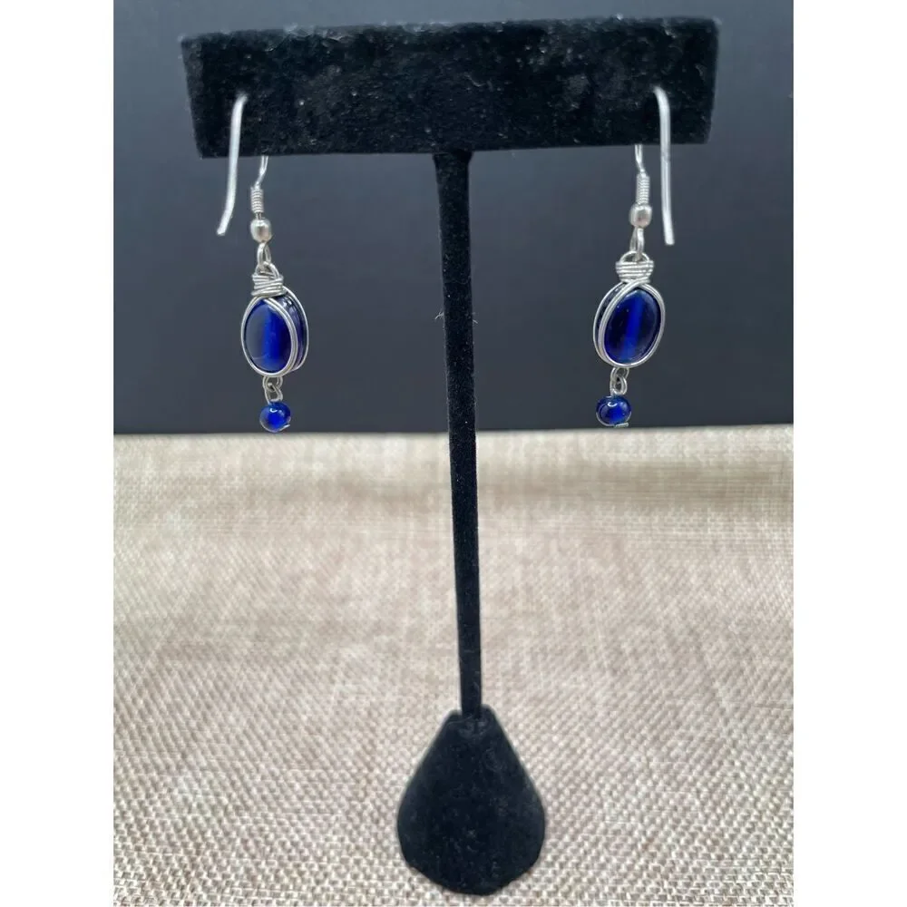 Earring Bundle 2 Pair Silver Pierced Earrings Blue Glass Dangle Earrings and Sil